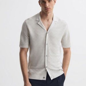 REISS Men's Textured Cuban Button-Up Shirt, LUNAR, Medium, ICE GREY